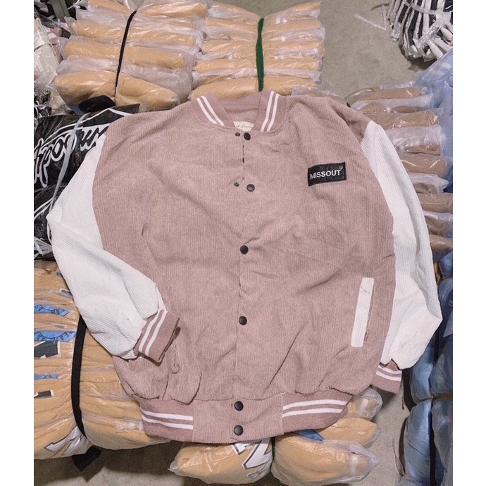 Áo khoác bomber bóng chày thêu logo kaki nhung gân 1 lớp unisex ulzzang nam nữ