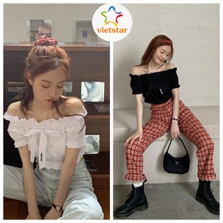 Áo trễ vai nữ buộc nơ kiểu croptop tay ngắn - VIET_STAR