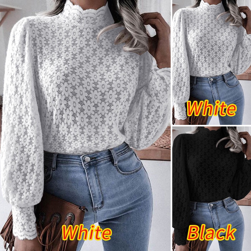 Áo kiểu ZANZEA cổ cao tay phồng họa tiết ren hoa thời trang dành cho nữ