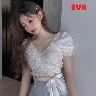 Áo croptop đắp chéo nơ eo rt021 eva áo croptop cổ v bèo thân buộc nơ siêu xinh hottrend quyến rủ
