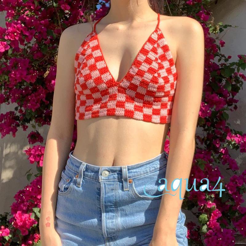 Áo Croptop Dệt Kim Hai Dây Hở Lưng Y2K Thời Trang Đi Biển Quyến Rũ Cho Nữ