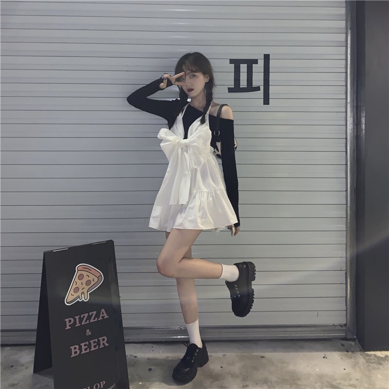 Bộ trang phục IELGY gồm áo trễ vai kèm đầm cổ yếm phối nơ thời trang retro cho nữ (có bán lẻ)