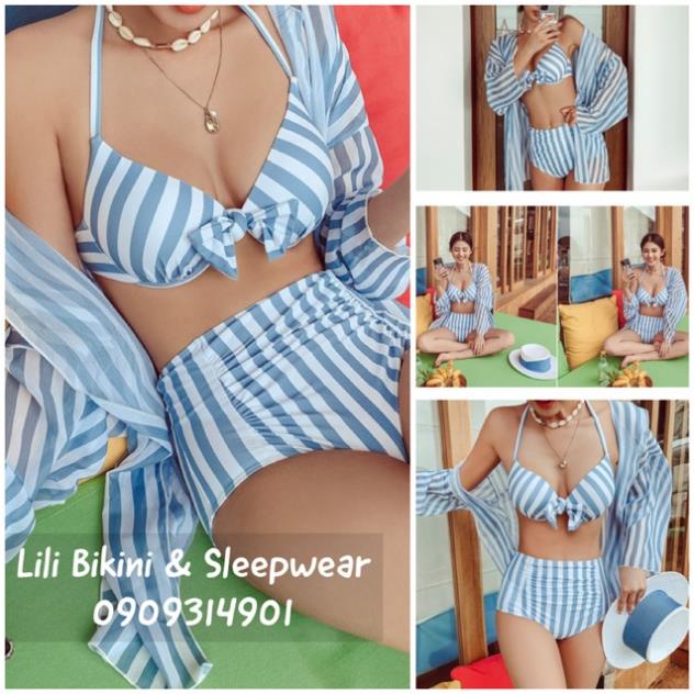 (Có sẵn) Bộ bơi bikini 2 mảnh kèm áo khoác sọc xanh lưng cao giấu bụng áo ngực nâng kiểu Hàn Quốc 😍