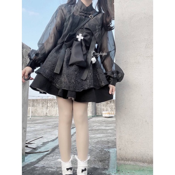 YAS0340-Set váy hoa hồng đen phong cách Trung Hoa cá tính