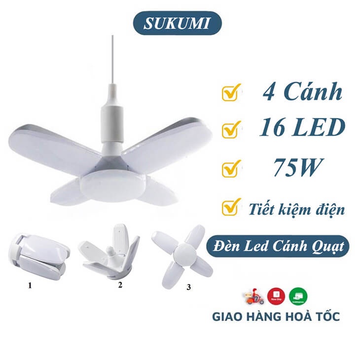 Bóng đèn LED 4 cánh 75W tiết kiệm điện, đèn led cánh quạt ánh sáng trắng chuôi xoáy E27 siêu sáng