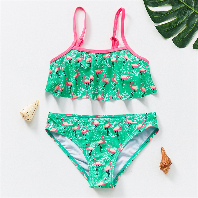 Bộ Đồ Bơi Bikini Hai Mảnh In Họa Tiết Chim Hồng Hạc Dễ Thương Cho Bé Gái 2-12 Tuổi