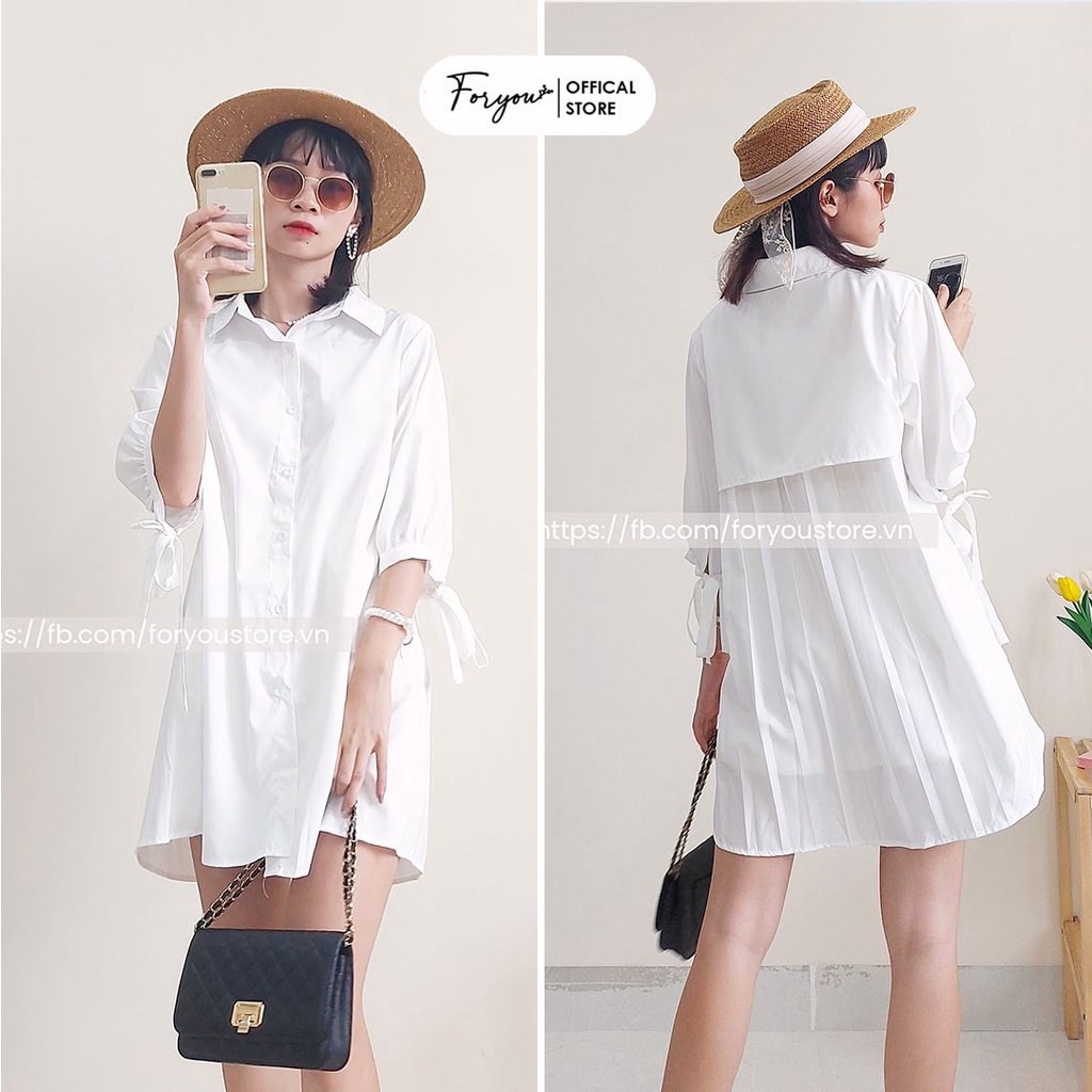 Váy sơ mi kiểu dáng dài FORYOU đầm xếp ly lưng màu trắng xinh xắn - VN0025