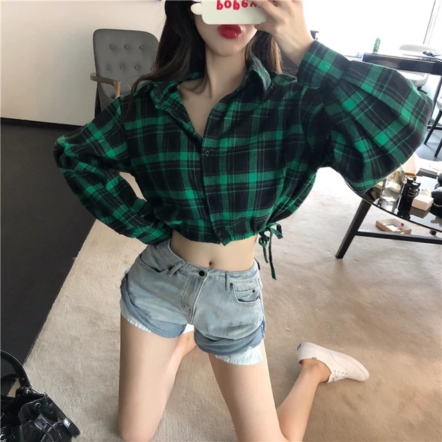 Áo Sơ Mi Eo Buộc Dây Dài Tay Họa Tiết Kẻ Caro/ Áo Croptop Chic Khoác Ngoài Kiểu Dáng Hàn Quốc A00179