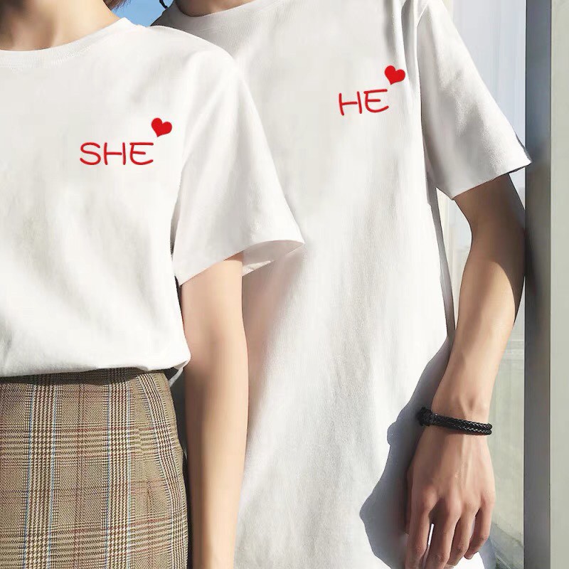 Áo thun (áo phông) cặp đôi dáng unisex Couple Ciu nhiều size cho nam nữ - Họa tiết He She hai màu đen trắng