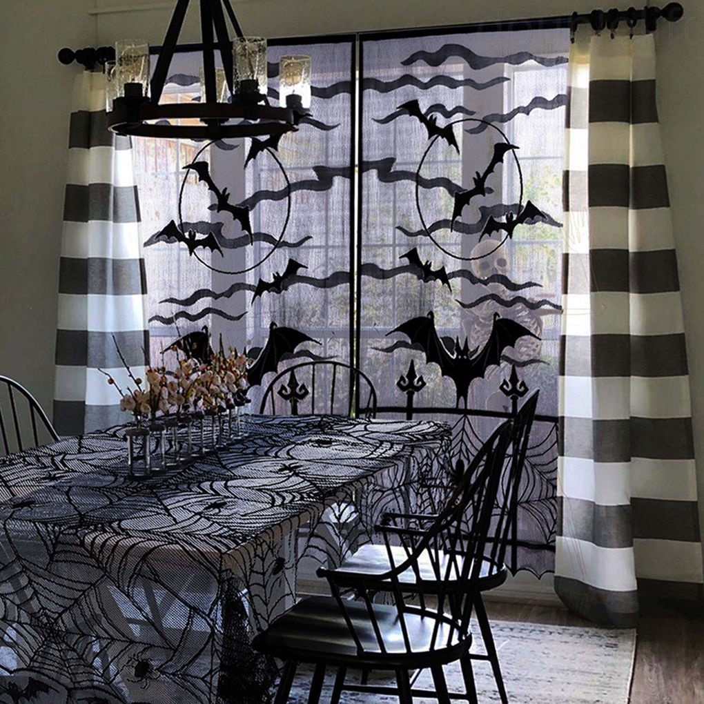 Khăn Trải Bàn Hình Chữ Nhật Phối Ren Họa Tiết Mạng Nhện Trang Trí Halloween