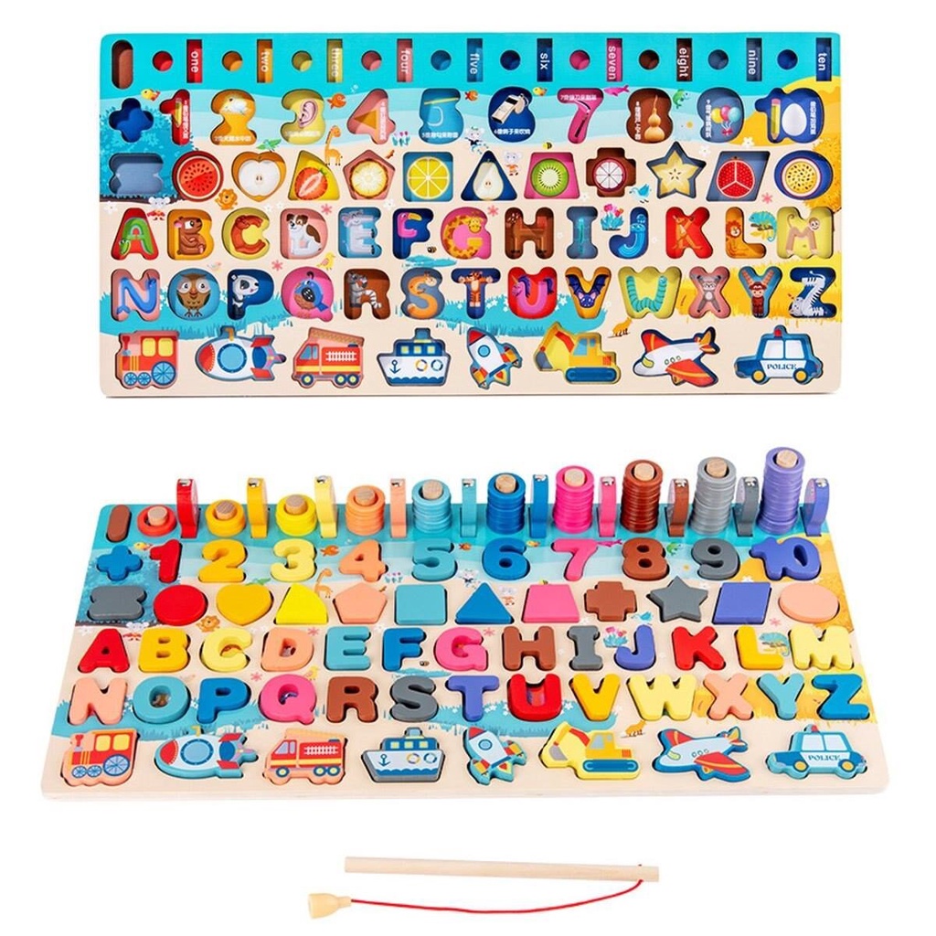 Bộ Đồ Chơi Câu Cá Xếp Hình MONTESSORI 6 IN 1 Bảng Học Chữ Cái, Đếm Số , Ghép Hình Màu Sắc , Phương Tiện Giao Thông