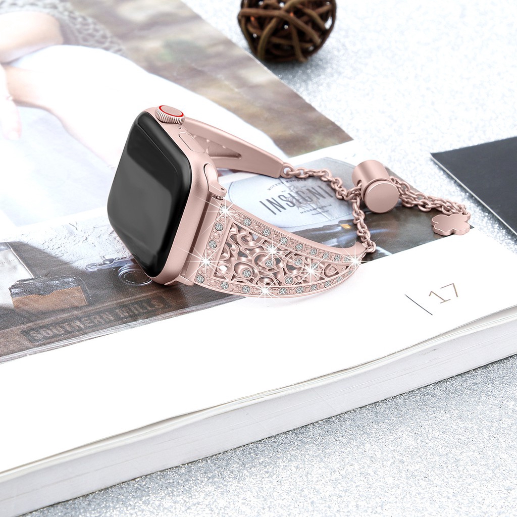 Dây đeo làm từ kim loại thép không gỉ đính đá cho Apple watch 7 41mm 45mm 38mm 40mm 42mm 44mm seri 7 6 se 5 4 3 2 1