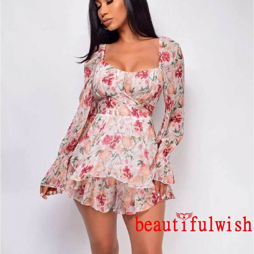 BEAUTIFULWISH-Women’s Sexy Square Collar Backless Jumpsuit Fashion Flower Bandage High Waist Long Sleeve Playsuit | BigBuy360 - bigbuy360.vn
