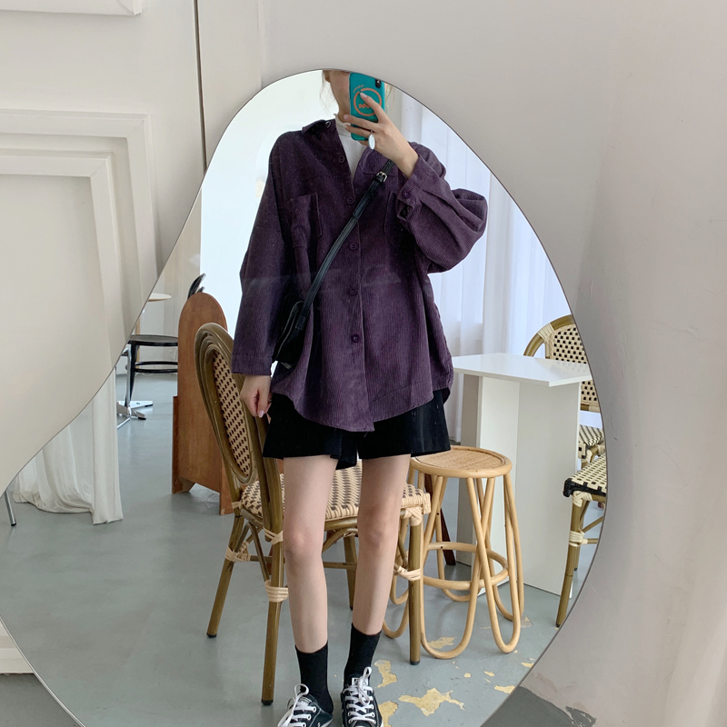 SUXI Áo Khoác Cardigan Nhung Kẻ Dài Tay Dáng Rộng Màu Trơn Phong Cách Retro Hàn Quốc