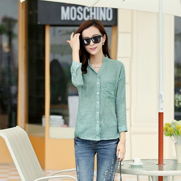 Áo sơ mi nữ dáng suông cổ V, chất vải đũi mềm ,thoáng mát thời trang hè nữ Sm172