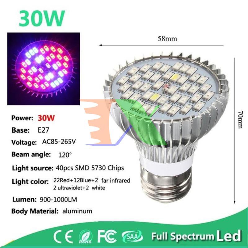 Đèn Led trồng cây, Đèn led trồng rau trong nhà, Led grow lights (30W, E27)