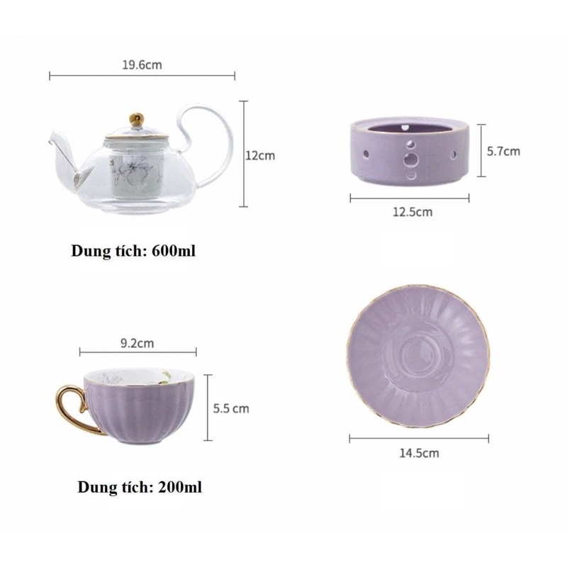 Bộ trà hoa sứ xương màu Pastel tiểu thư siêu đẹp- Bộ ấm chén