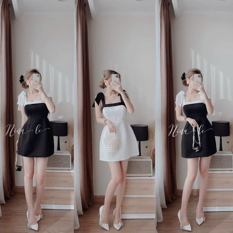 Váy đầm nữ 2 dây cột nơ vai xinh dáng xoè có mút ngực thời trang nữ