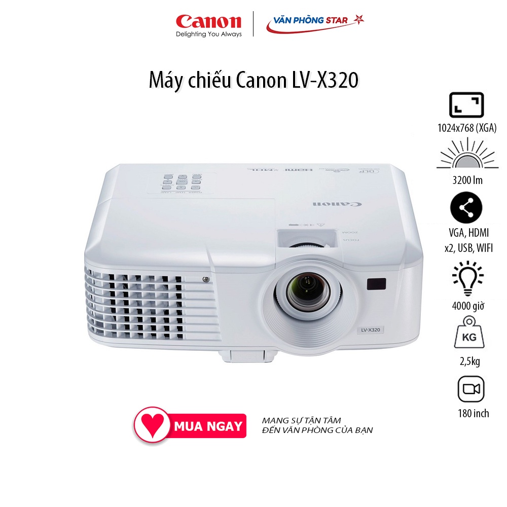 MÁY CHIẾU CANON LV-X320, Độ tương phản 10.000 - 1, Độ sáng 3200 Ansi Lumens, Độ phân giải XGA (1024x768) 180 inch