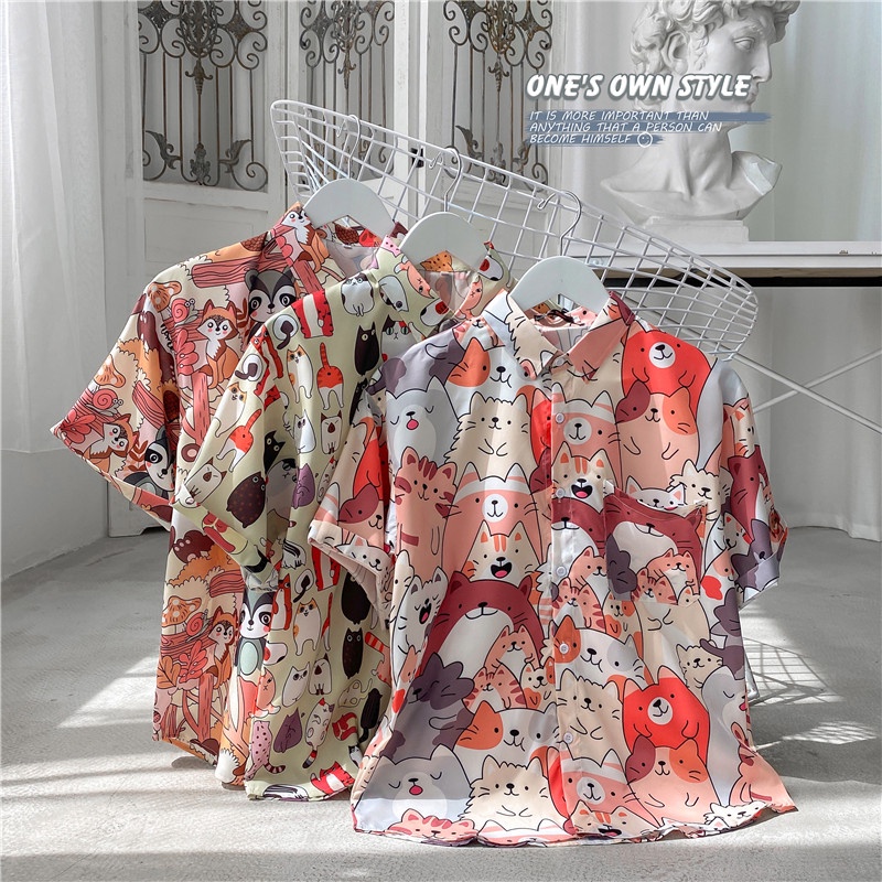 Men's Classic Slim Shirt For Summer 2021. Short Sleeve Cartoon Korean Style Couple Shirt Size M-3XL