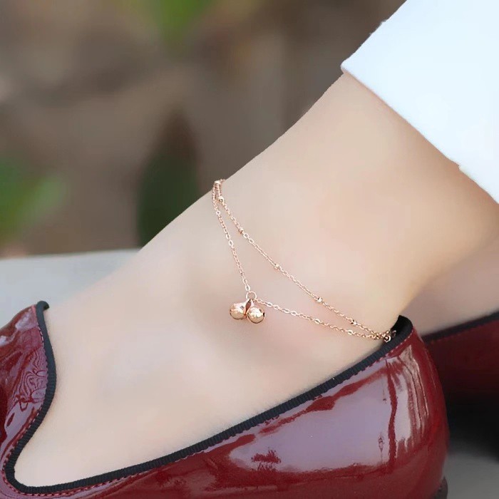 Lắc chân hai lớp bằng thép titan nhập Đức mạ vàng hồng 18K hạt tròn nhỏ siêu mịn chống dị ứng phong cách Hàn Quốc