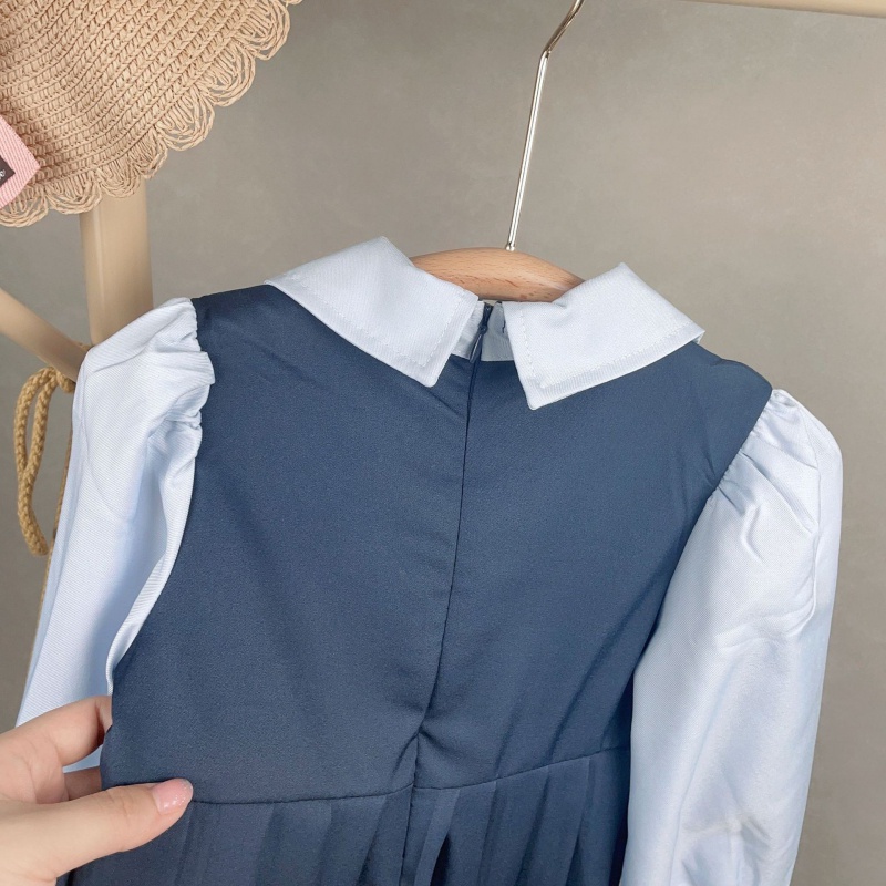 Đầm Công Chúa Tay Dài Giả Hai Lớp Phong Cách Preppy Thời Trang Mùa Thu Cho Bé Gái