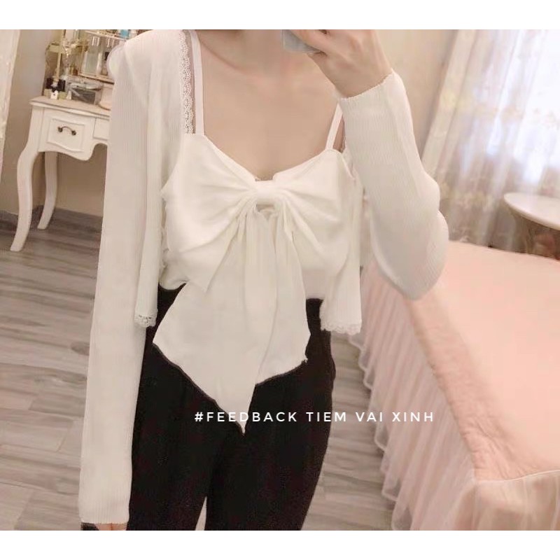 Áo Hai Dây Croptop [Tiệm Vải Xinh] Set Áo Hai Dây Nơ Mix Áo Khoác Len Mỏng Set011