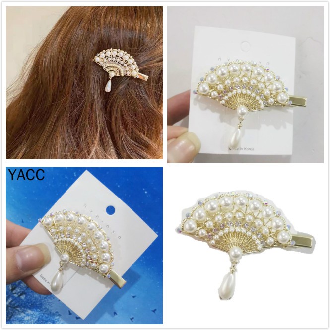 Kẹp tóc hình cây quạt đính ngọc trai phong cách thời trang Hàn Quốc