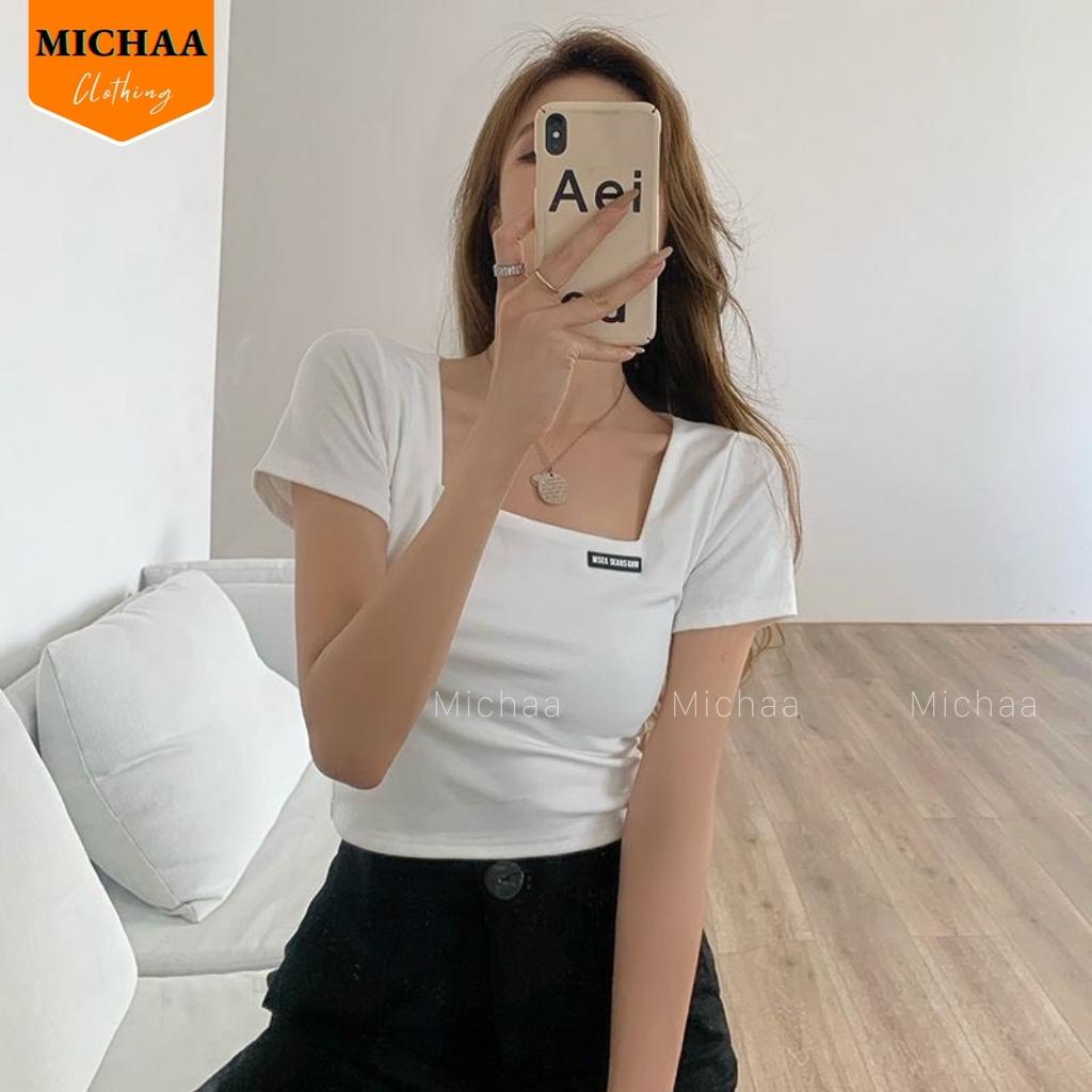 Áo Croptop Ngắn Tay GẮN LOGO Cổ Vuông Nữ Chất Thun Gân Kiểu Ôm Body Sexy Ulzzang - MICHAA