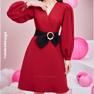 Váy ôm đỏ COSMO DESIGN xếp ly vai đai nơ đen eo (10104)