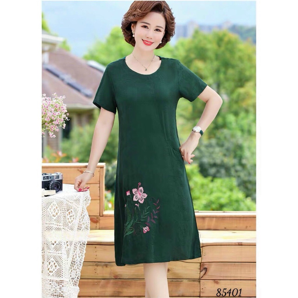 M/L/XL/2XL/3XL Đầm trung niên vải đũi thêu hoa nhiều màu có size đại màu đỏ, xanh , đen quảng châu