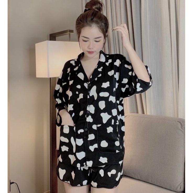 [MẪU HÓT] Bộ pịama lụa mango cao cấp,áo cộc cánh dơi quần đùi hoạ tiết bò sữa đen