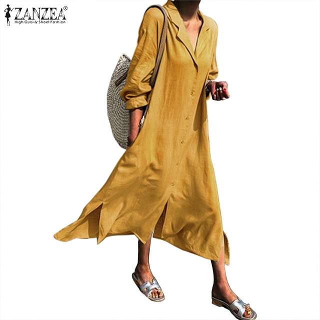 ZANZEA Đầm maxi bằng cotton dài đính nút trước thời trang mùa thu cho nữ | BigBuy360 - bigbuy360.vn