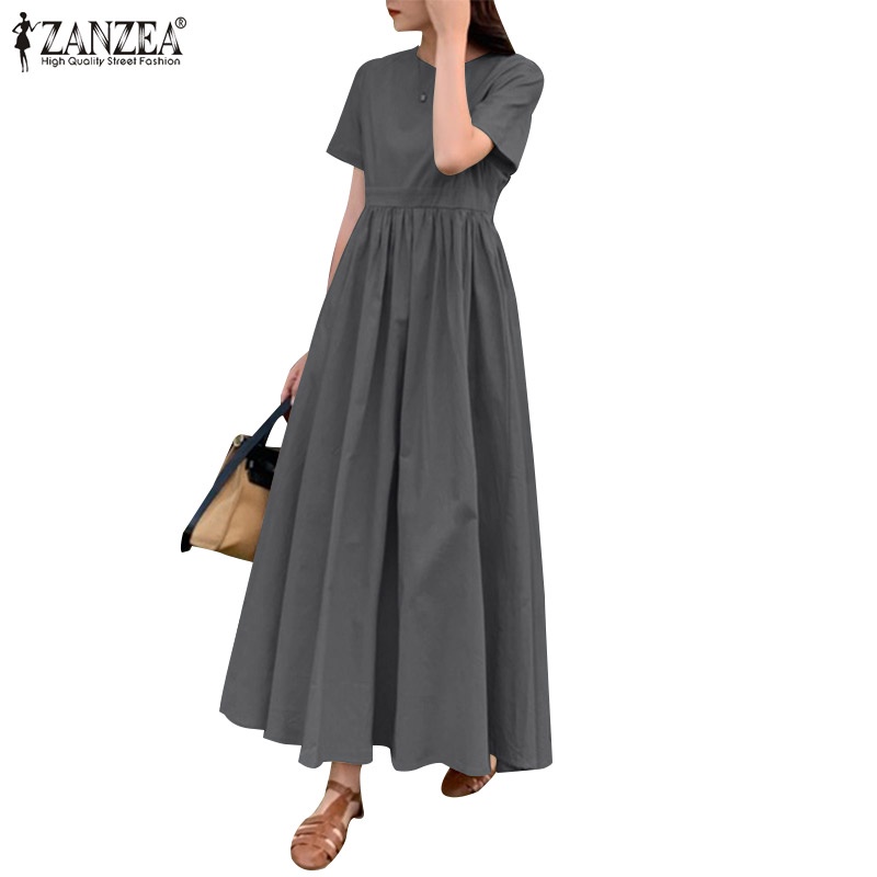 Đầm maxi ZANZEA ngắn tay có khóa kéo sau lưng thời trang cho nữ