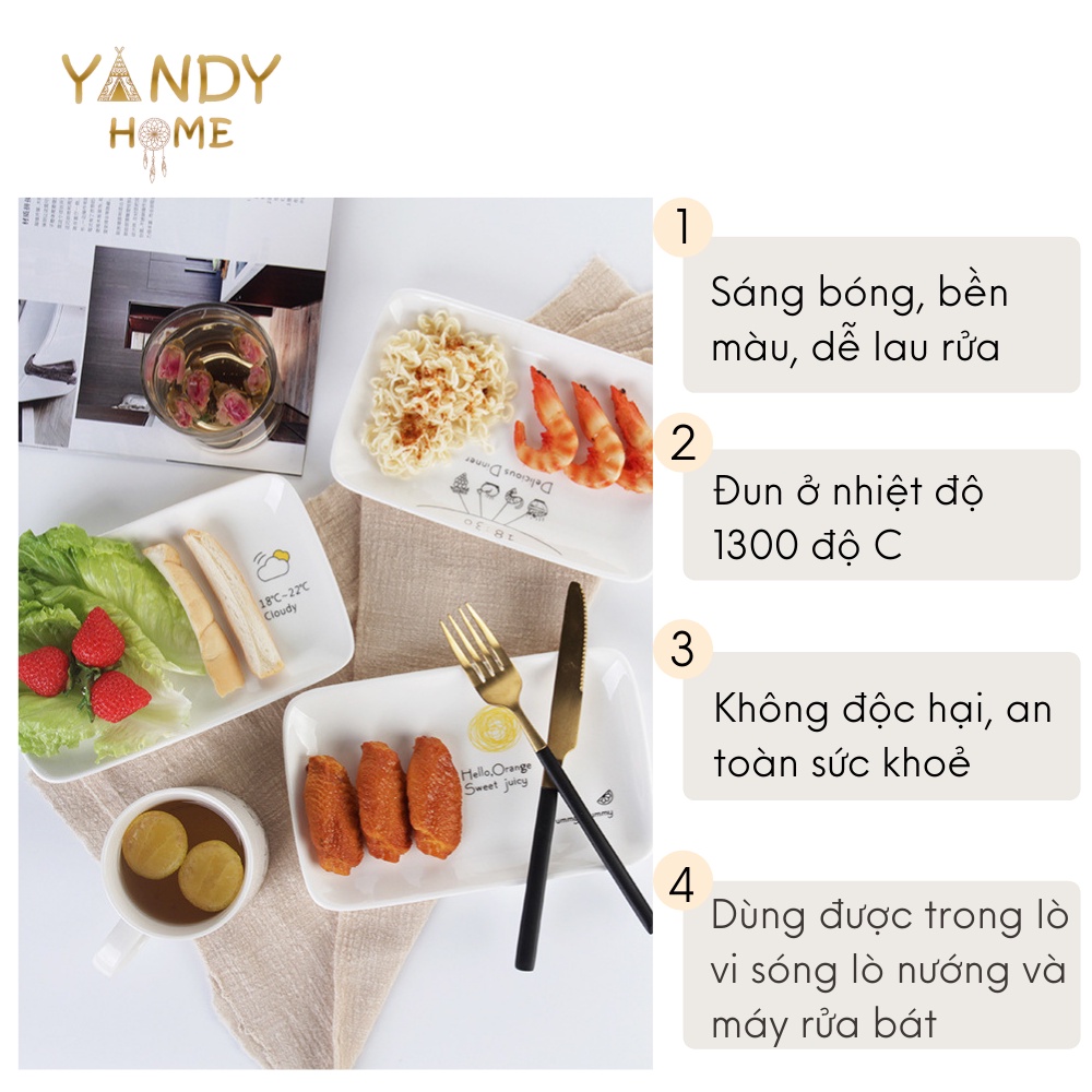 Đĩa gốm sứ YANDY HOME D02 hình chữ nhật men trắng bóng nhiều họa tiết dùng được trong lò vi sóng