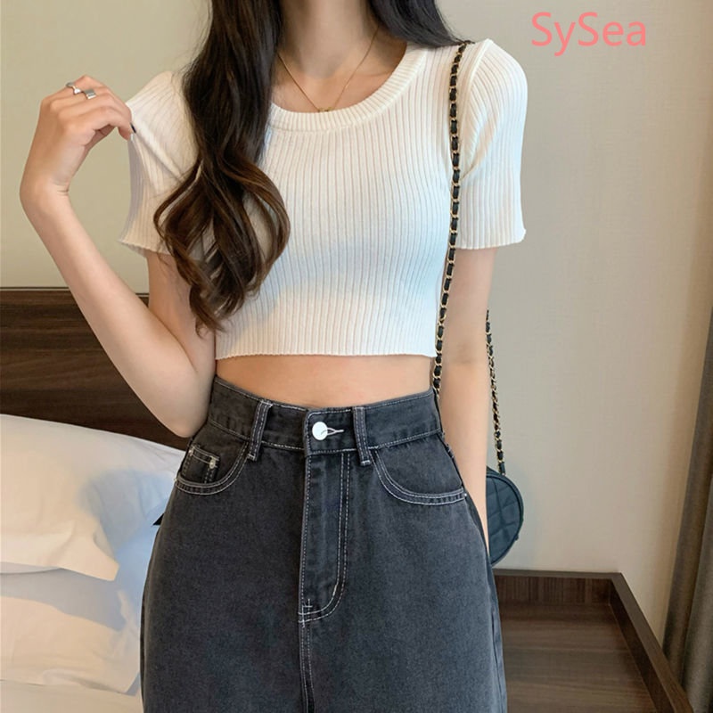 Áo Croptop Dệt Kim Màu Sắc Đơn Giản Quyến Rũ Cho Nữ