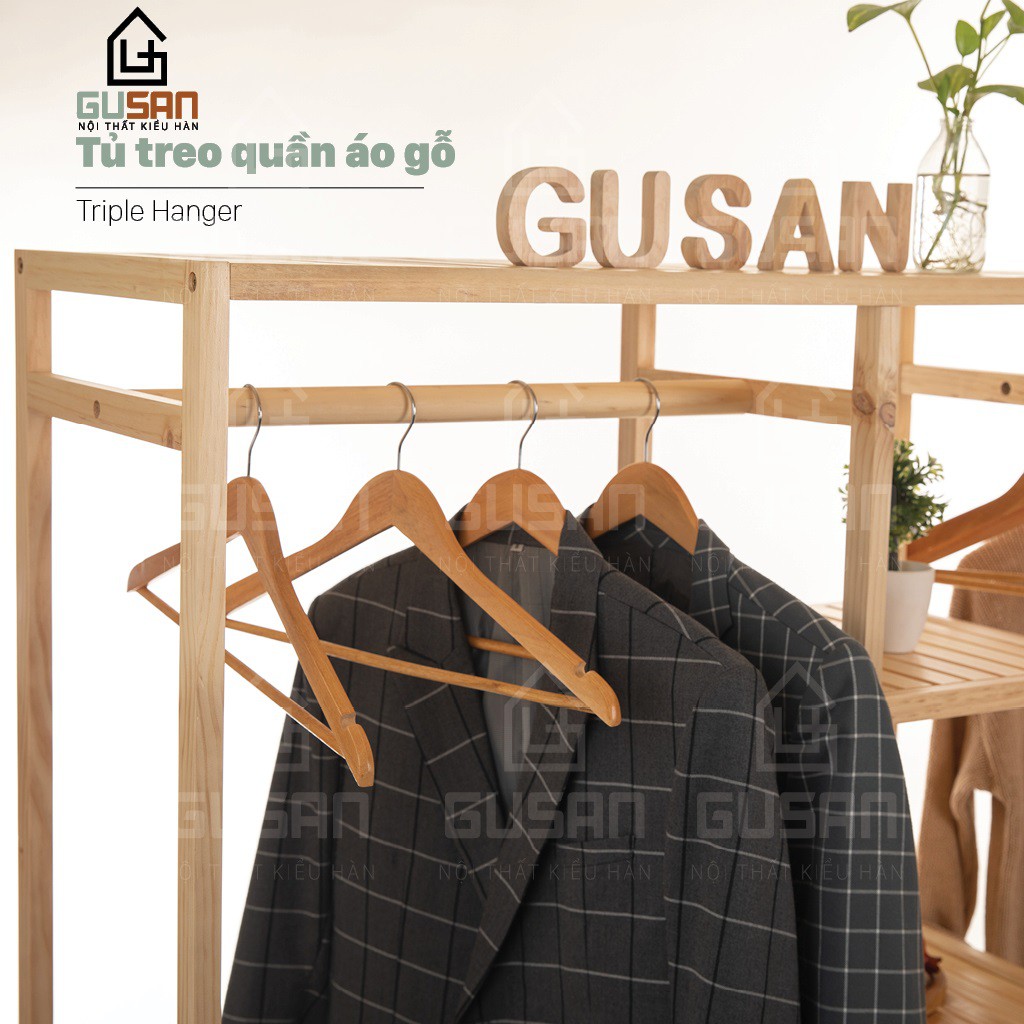 Kệ Treo Quần Áo bằng gỗ 2 tầng thông minh 3 ngăn GUSAN, không gắn tường, tủ treo đồ dùng cho shop thời trang | BigBuy360 - bigbuy360.vn