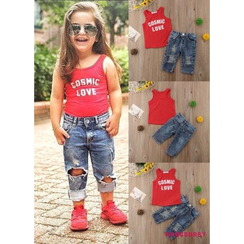 Set 2 Món Áo Thun Sát Nách + Quần Denim Dài Thời Trang Cho Bé Gái