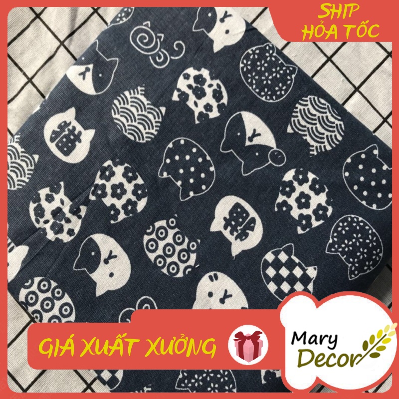 Vải linen họa tiết Mèo kitty xanh blue V-G02