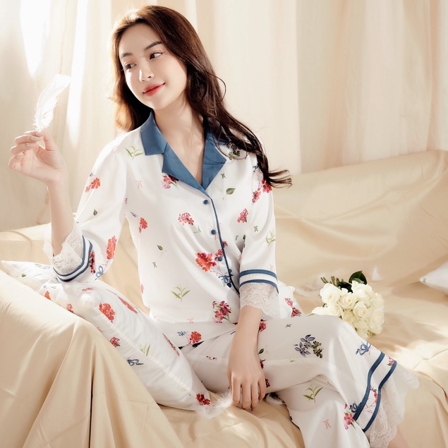 Bộ đồ ngủ nữ pyjama lụa thiết kế cao cấp LYSILK - BN199 - Áo dài tay quần dài đồ mặc nhà họa tiết