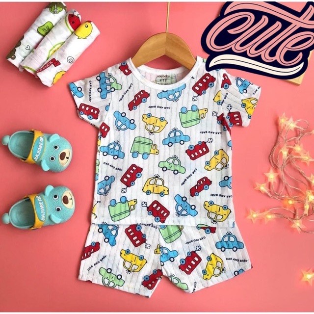 Bộ cotton giấy cộc tay in hình dễ thương cho bé từ 3 đến 14kg