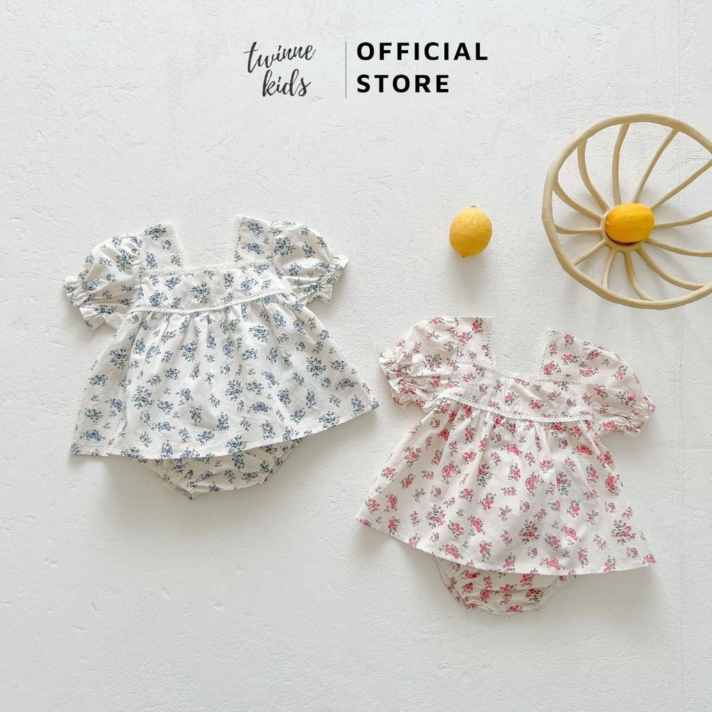 Set đồ liền thân hoa nhí thiết kế cổ vuông cách điệu, tay bồng, chất liệu cotton cho bé gái 3-24 tháng