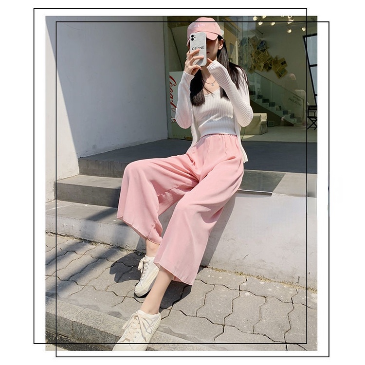 Quần Dài Lưng Cao Ống Rộng Phong Cách Hàn Quốc Cho Nữ