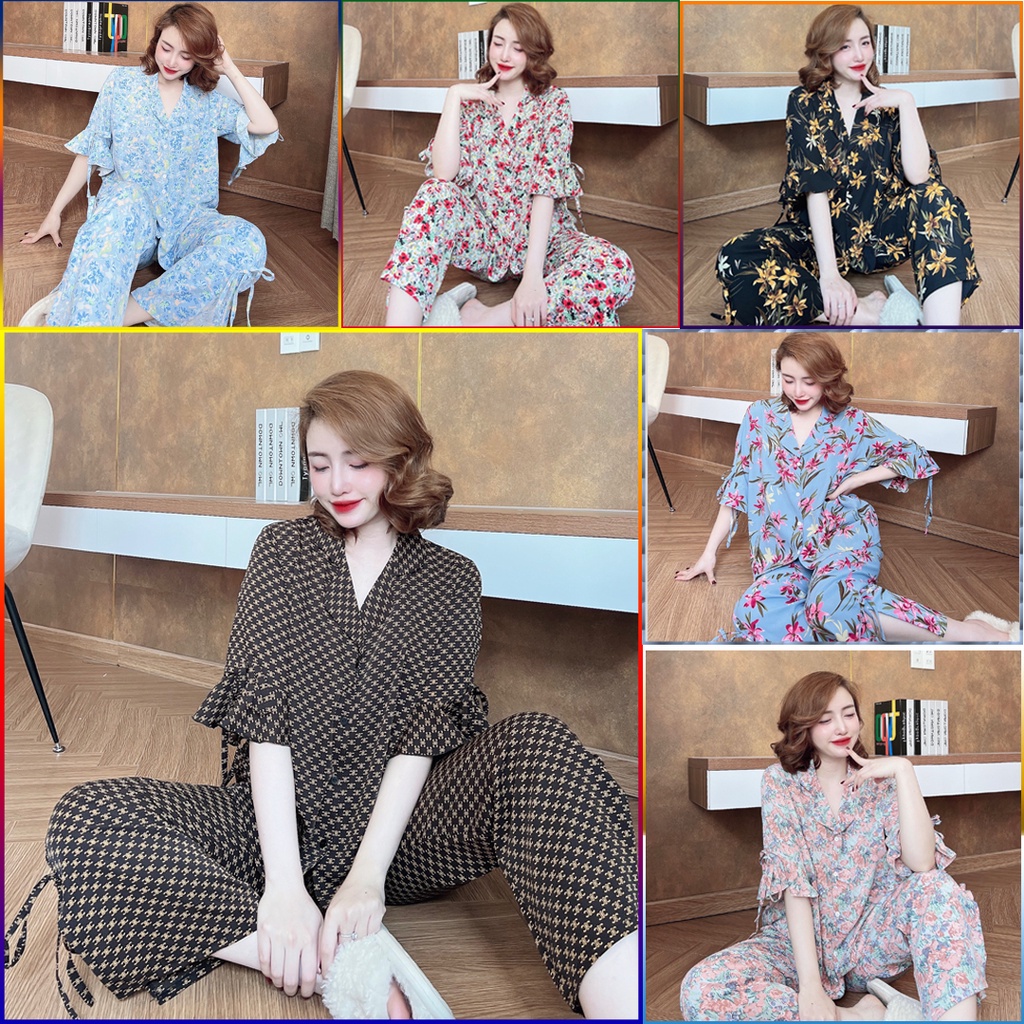 Tổng hợp đồ bộ pijama mặc nhà tay bèo quần dài chất lụa Mango freesize dưới 70kg