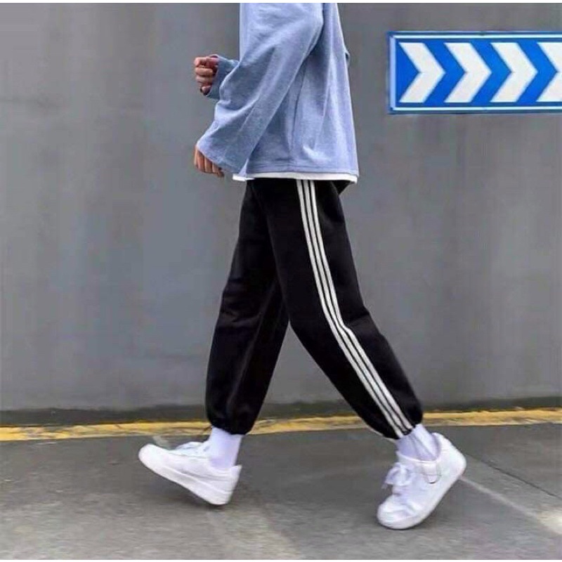 Quần Jogger 3 Sọc Unisex, Quần Bo Ống Có Nút Điều Chỉnh 2 Màu