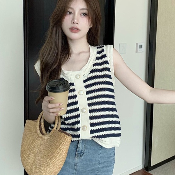 Áo dệt kim dệt kim vest rỗng dây áo vest rộng tay không tay nữ hàng đầu thời trang nữ vest