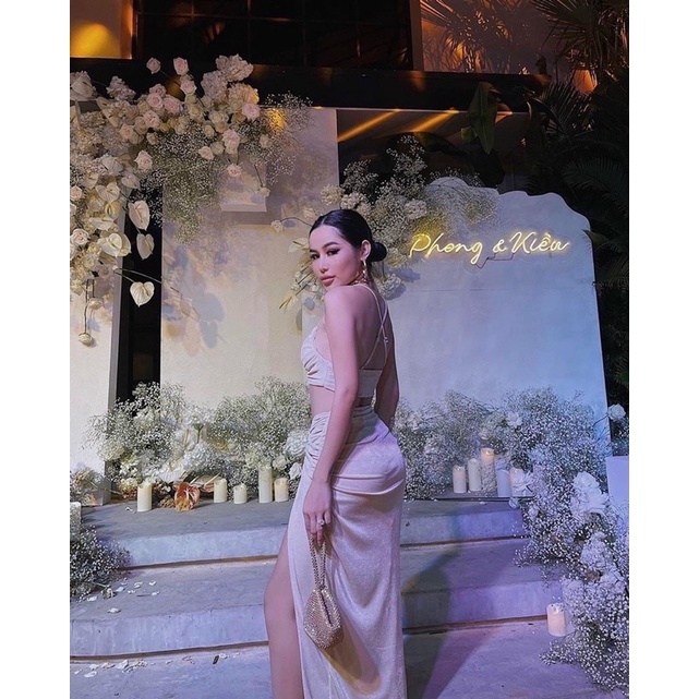 Set áo croptop nhũ 2 dây + Chân váy xẻ tà thiết kế