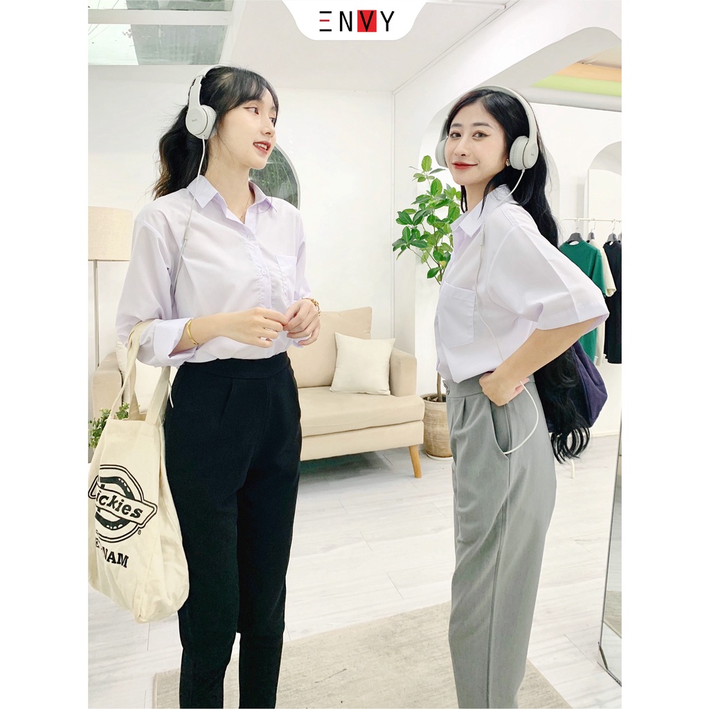 Áo sơ mi nữ trắng tay dài đi học có túi kiểu ENVY SO03 màu trắng form rộng style học sinh, sinh viên