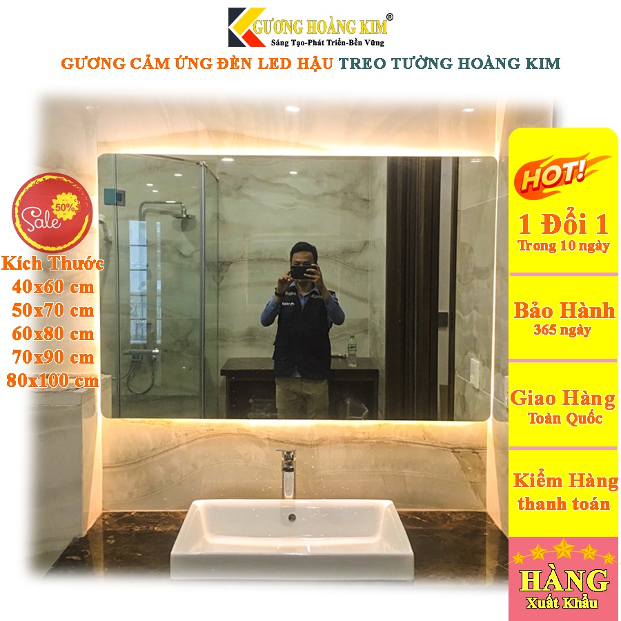 Gương led cảm ứng treo tường chữ nhật phòng tắm nhà tắm wc bàn trang điểm kích thước 40x60, 50x70cm guonghoangkim HK3012