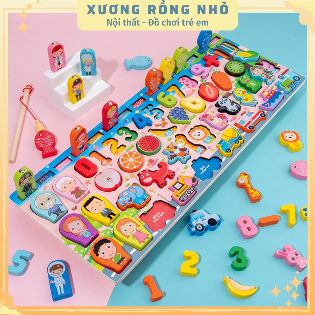 Đồ chơi gỗ xếp hình câu cá ghép số, học đếm 63 chi tiết 5in1, Bộ bảng số thông minh đồ chơi gỗ cho bé